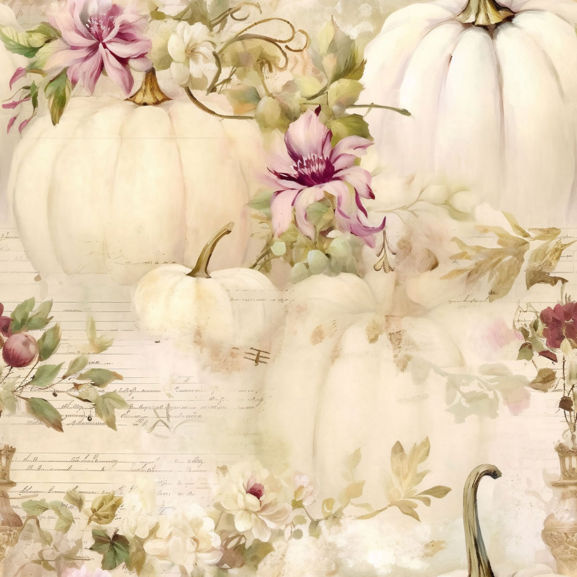 white pumpkins, cream colored, soft pink, mauve flowers, sage green, watercolor style, autumn harvest, fall themed, botanical elements, vintage aesthetic, quilting cotton, fabric panel, seasonal design, delicate florals, pastel palette, romantic style, shabby chic, harvest motifs, floral arrangement, cottagecore