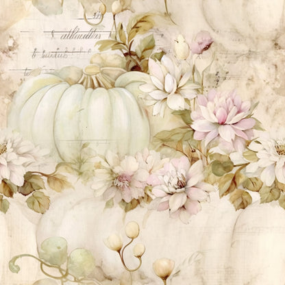 white pumpkins, cream colored, soft pink, pale green, autumn floral, watercolor style, delicate flowers, fall harvest, vintage aesthetic, quilting cotton, fabric panel, botanical elements, muted pastels, seasonal motif, shabby chic, romantic florals, pumpkin arrangement, soft tones, autumn blooms