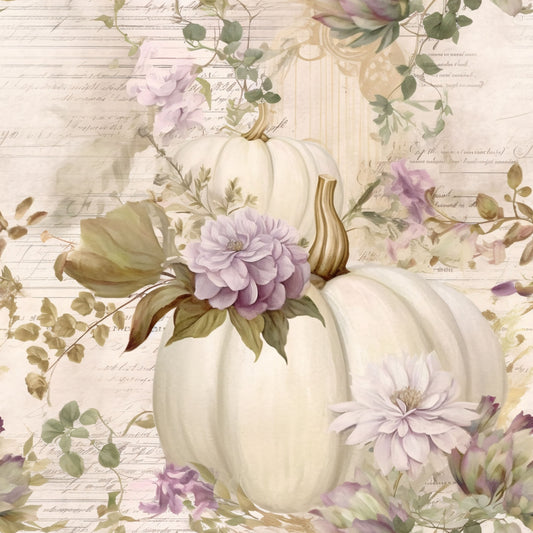 white pumpkins, lavender flowers, sage green leaves, cream background, vintage script, autumn pattern, fall harvest, botanical design, quilting cotton, fabric panel, watercolor style, soft pastels, seasonal motif, pumpkin patch, floral elements, muted tones, romantic style, cottage core, harvest theme