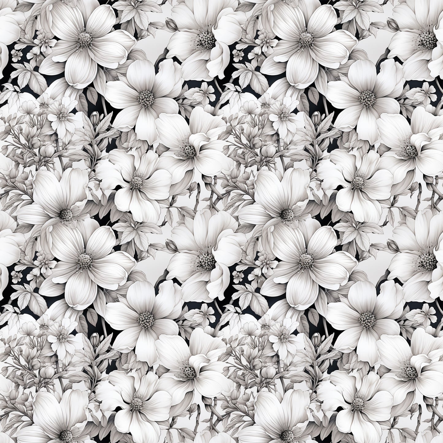 white flowers, floral pattern, botanical design, monochrome, grayscale, black background, dogwood blossoms, repeating motif, quilting cotton, fabric panel, vintage style, elegant florals, nature inspired, seamless pattern, detailed petals, flower centers, leafy accents, textile design, crafting material, sewing fabric