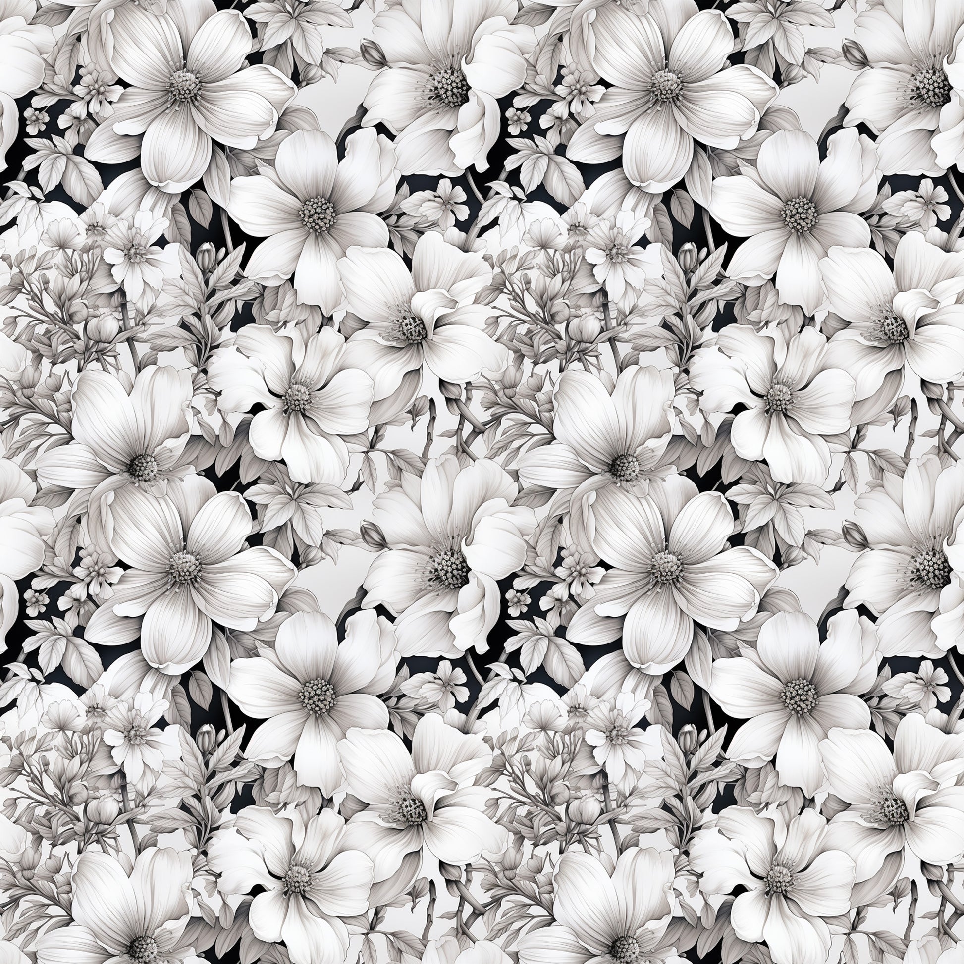 white flowers, floral pattern, botanical design, monochrome, grayscale, black background, dogwood blossoms, repeating motif, quilting cotton, fabric panel, vintage style, elegant florals, nature inspired, seamless pattern, detailed petals, flower centers, leafy accents, textile design, crafting material, sewing fabric