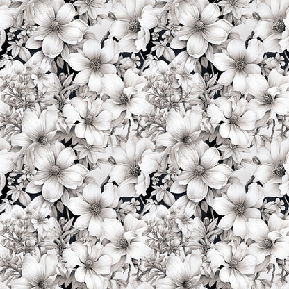 white flowers, floral pattern, botanical design, monochrome, grayscale, black background, dogwood blossoms, repeating motif, quilting cotton, fabric panel, vintage style, elegant florals, nature inspired, seamless pattern, detailed petals, flower centers, leafy accents, textile design, crafting material, sewing fabric