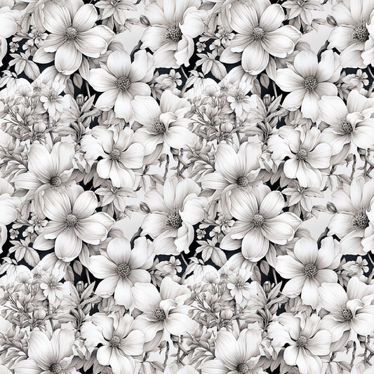 white flowers, floral pattern, botanical design, monochrome, grayscale, black background, dogwood blossoms, repeating motif, quilting cotton, fabric panel, vintage style, elegant florals, nature inspired, seamless pattern, detailed petals, flower centers, leafy accents, textile design, crafting material, sewing fabric