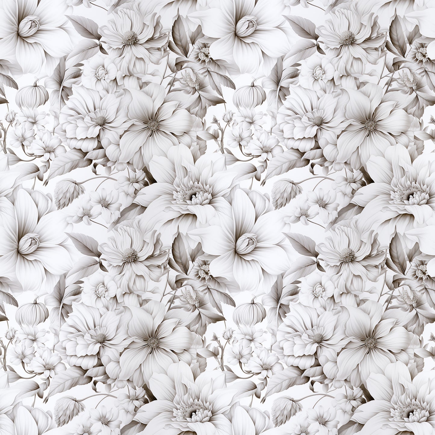 white flowers, cream, beige, taupe, monochromatic, floral pattern, botanical design, seamless repeat, elegant blooms, petals, leaves, vintage style, romantic mood, quilting cotton, fabric panel, soft tones, delicate florals, nature motif, timeless design, sophisticated pattern