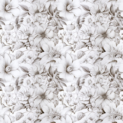 white flowers, cream, beige, taupe, monochromatic, floral pattern, botanical design, seamless repeat, elegant blooms, petals, leaves, vintage style, romantic mood, quilting cotton, fabric panel, soft tones, delicate florals, nature motif, timeless design, sophisticated pattern