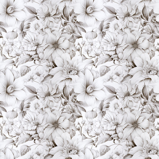 white flowers, cream, beige, taupe, monochromatic, floral pattern, botanical design, seamless repeat, elegant blooms, petals, leaves, vintage style, romantic mood, quilting cotton, fabric panel, soft tones, delicate florals, nature motif, timeless design, sophisticated pattern