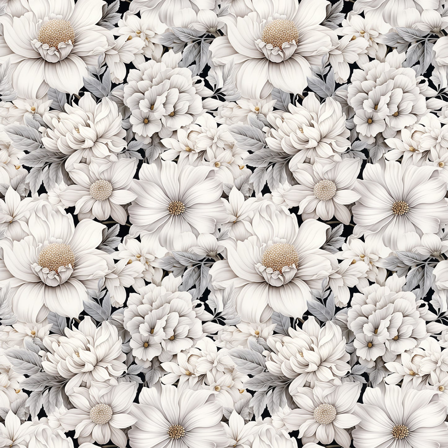 white flowers, cream petals, beige tones, gray leaves, floral pattern, botanical design, daisy blooms, chrysanthemum flowers, repeating motif, seamless pattern, quilting cotton, fabric panel, delicate florals, vintage style, romantic mood, soft palette, garden flowers, textile design, crafting fabric, monochromatic florals