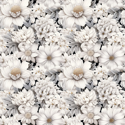 white flowers, cream petals, beige tones, gray leaves, floral pattern, botanical design, daisy blooms, chrysanthemum flowers, repeating motif, seamless pattern, quilting cotton, fabric panel, delicate florals, vintage style, romantic mood, soft palette, garden flowers, textile design, crafting fabric, monochromatic florals