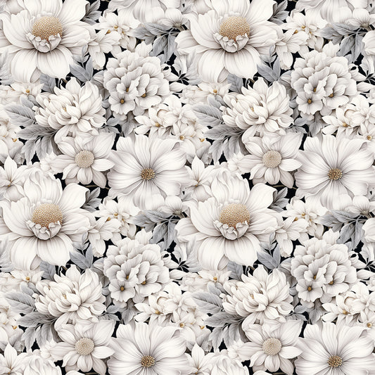 white flowers, cream petals, beige tones, gray leaves, floral pattern, botanical design, daisy blooms, chrysanthemum flowers, repeating motif, seamless pattern, quilting cotton, fabric panel, delicate florals, vintage style, romantic mood, soft palette, garden flowers, textile design, crafting fabric, monochromatic florals