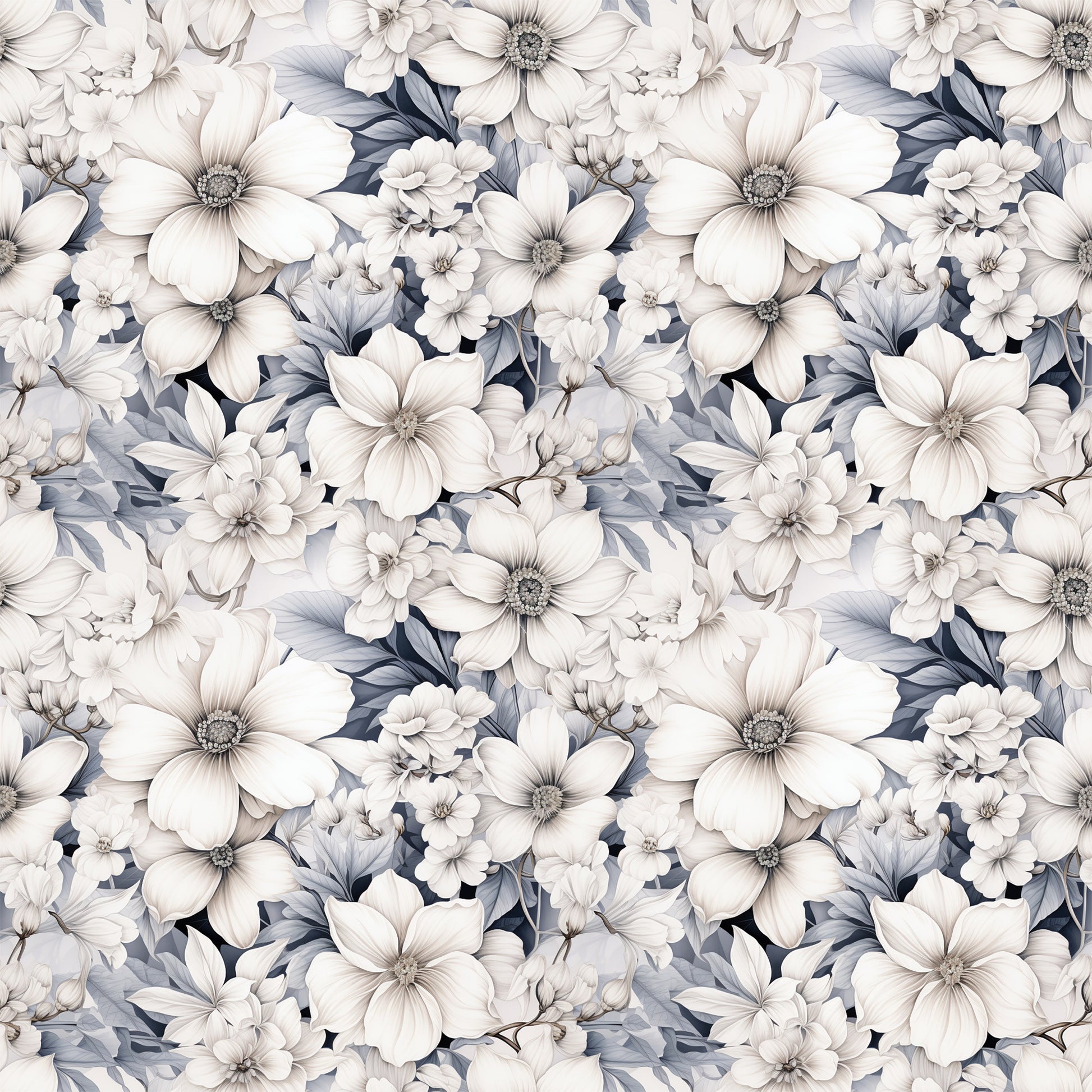 - White Flowers Pattern 12 Quilting Cotton Fabric  
- Floral design  
- Soft beige  
- Cream tones  
- Light gray  
- Slate blue accents  
- Cotton textile  
- Quilting material  
- Botanical print  
- Elegant fabric  
- Natural colors  
- Decorative cloth  
- Seamstress fabric  
- Crafting material  
- Stylish fabric