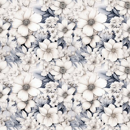 - White Flowers Pattern 12 Quilting Cotton Fabric  
- Floral design  
- Soft beige  
- Cream tones  
- Light gray  
- Slate blue accents  
- Cotton textile  
- Quilting material  
- Botanical print  
- Elegant fabric  
- Natural colors  
- Decorative cloth  
- Seamstress fabric  
- Crafting material  
- Stylish fabric