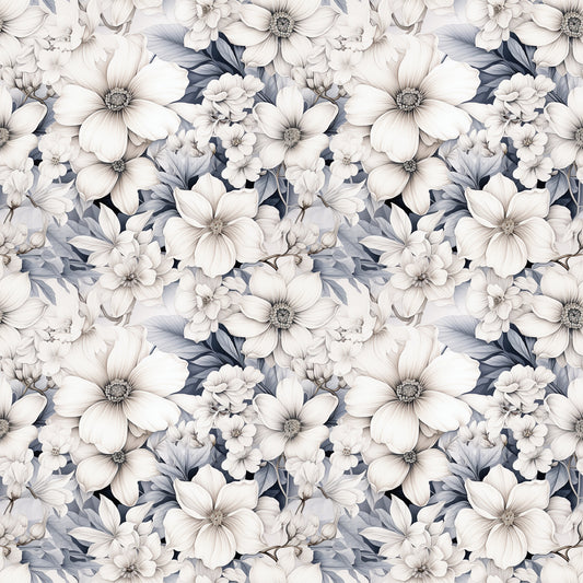 white flowers, cream petals, gray leaves, blue-gray foliage, floral pattern, botanical design, seamless repeat, delicate blooms, monochromatic palette, soft colors, quilting cotton, fabric panel, nature motifs, garden flowers, vintage style, romantic mood, feminine design, spring theme, layered petals, detailed stamens