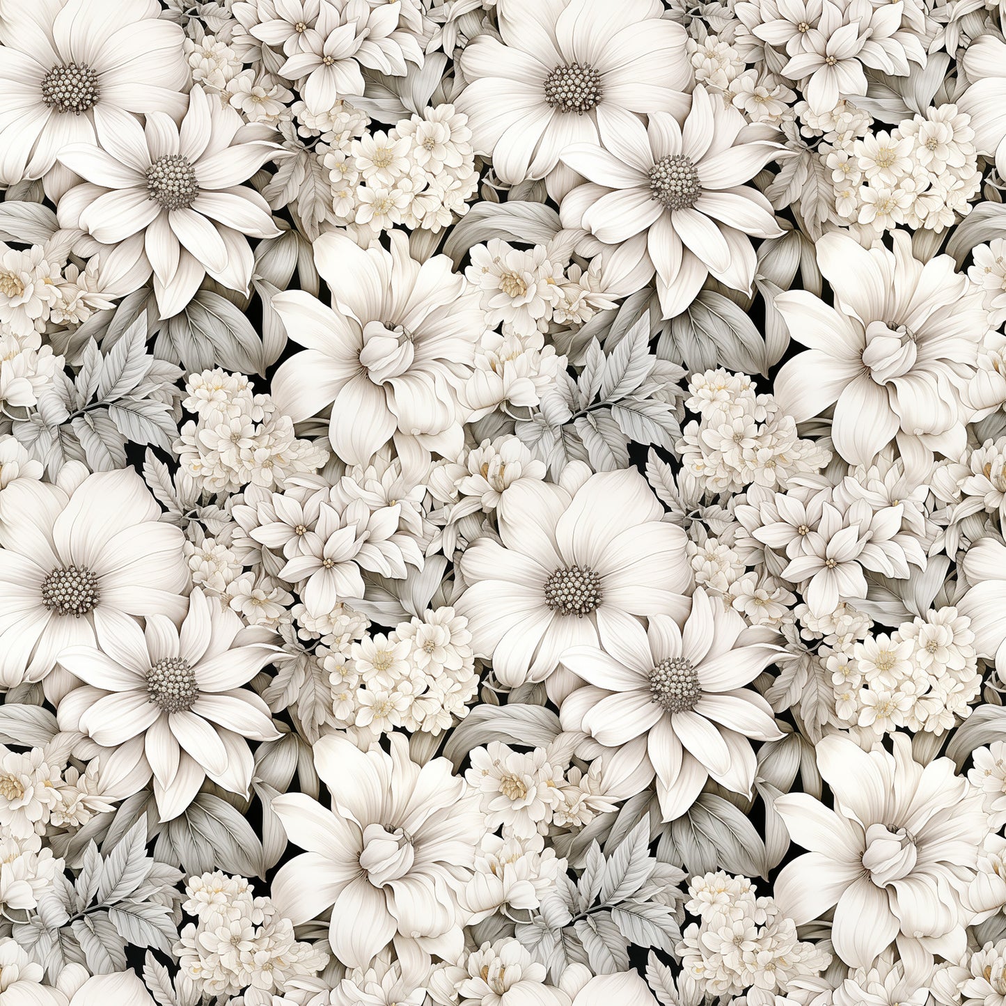 white flowers, cream petals, beige tones, taupe shading, floral pattern, botanical design, daisy blooms, chrysanthemum flowers, layered petals, dense floral, seamless repeat, monochromatic palette, quilting cotton, fabric panel, soft florals, neutral colors, vintage style, delicate blooms, clustered flowers