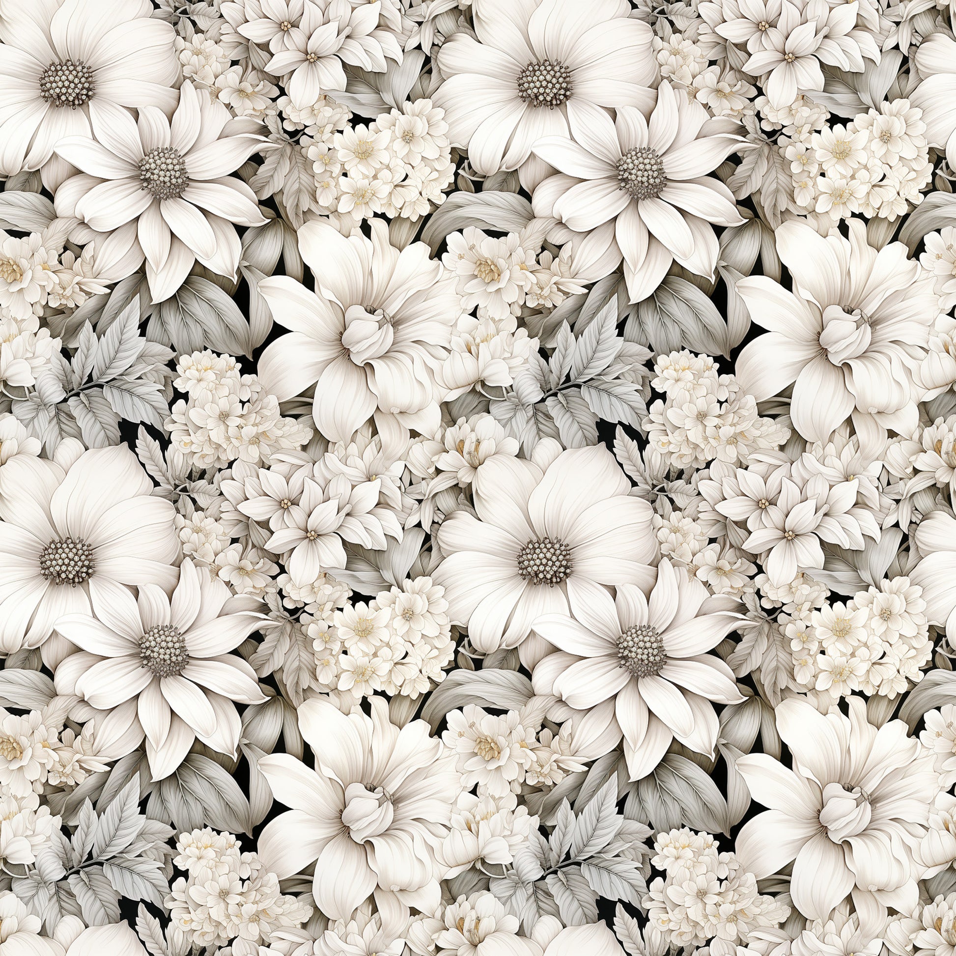 white flowers, cream petals, beige tones, taupe shading, floral pattern, botanical design, daisy blooms, chrysanthemum flowers, layered petals, dense floral, seamless repeat, monochromatic palette, quilting cotton, fabric panel, soft florals, neutral colors, vintage style, delicate blooms, clustered flowers