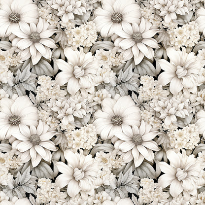 white flowers, cream petals, beige tones, taupe shading, floral pattern, botanical design, daisy blooms, chrysanthemum flowers, layered petals, dense floral, seamless repeat, monochromatic palette, quilting cotton, fabric panel, soft florals, neutral colors, vintage style, delicate blooms, clustered flowers