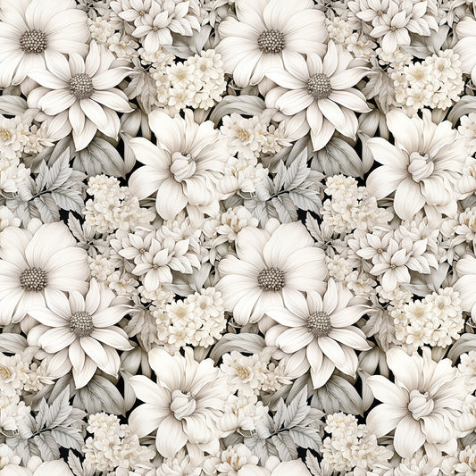 white flowers, cream petals, beige tones, taupe shading, floral pattern, botanical design, daisy blooms, chrysanthemum flowers, layered petals, dense floral, seamless repeat, monochromatic palette, quilting cotton, fabric panel, soft florals, neutral colors, vintage style, delicate blooms, clustered flowers