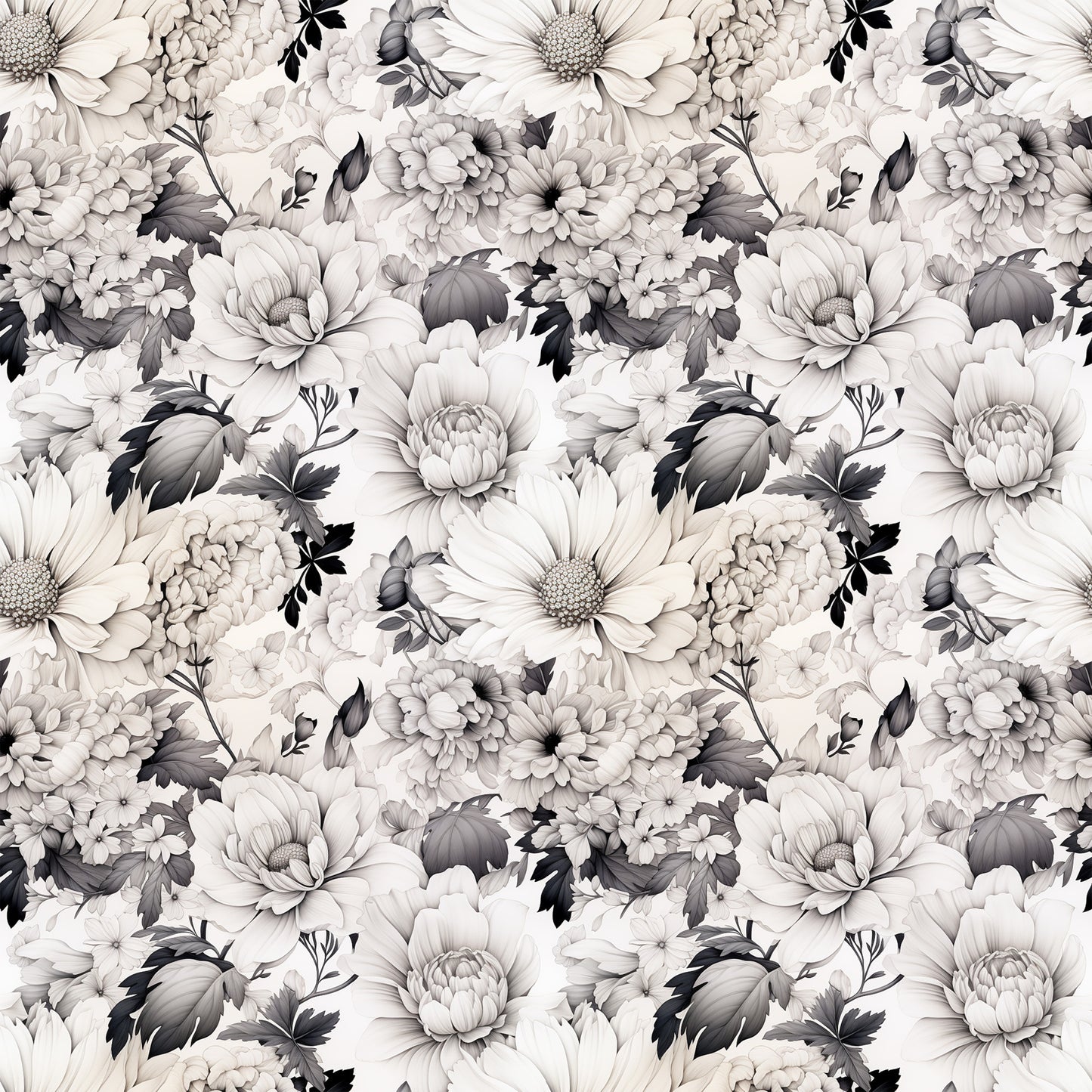 white flowers, gray florals, monochrome botanical, dahlia blooms, chrysanthemum pattern, vintage floral, seamless repeat, quilting cotton, fabric panel, neutral tones, botanical illustration, layered petals, detailed leaves, romantic florals, grayscale design, floral motifs, textile pattern, cotton fabric, nature inspired, delicate blooms