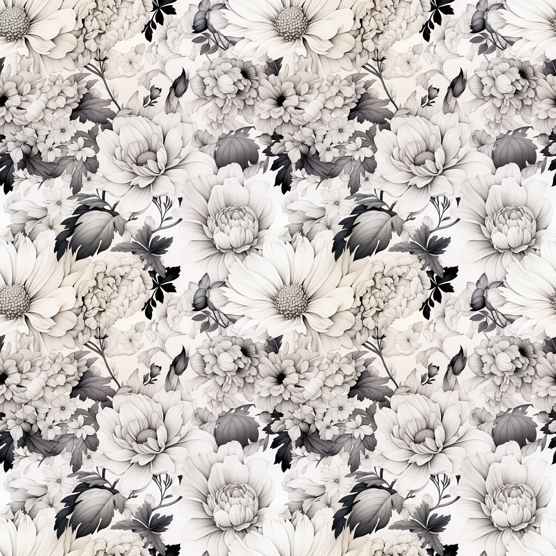 white flowers, gray florals, monochrome botanical, dahlia blooms, chrysanthemum pattern, vintage floral, seamless repeat, quilting cotton, fabric panel, neutral tones, botanical illustration, layered petals, detailed leaves, romantic florals, grayscale design, floral motifs, textile pattern, cotton fabric, nature inspired, delicate blooms