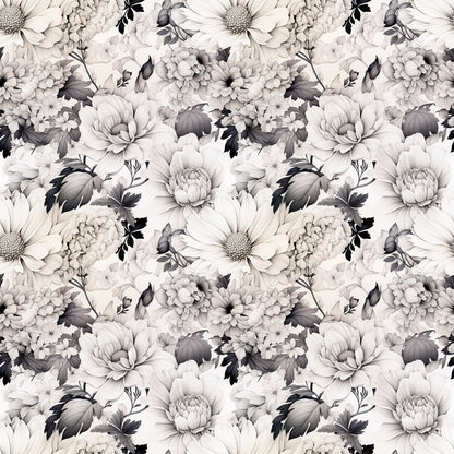 white flowers, gray florals, monochrome botanical, dahlia blooms, chrysanthemum pattern, vintage floral, seamless repeat, quilting cotton, fabric panel, neutral tones, botanical illustration, layered petals, detailed leaves, romantic florals, grayscale design, floral motifs, textile pattern, cotton fabric, nature inspired, delicate blooms