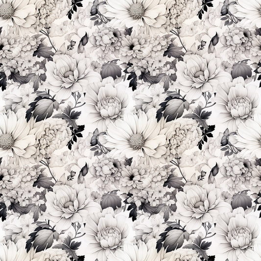 white flowers, gray florals, monochrome botanical, dahlia blooms, chrysanthemum pattern, vintage floral, seamless repeat, quilting cotton, fabric panel, neutral tones, botanical illustration, layered petals, detailed leaves, romantic florals, grayscale design, floral motifs, textile pattern, cotton fabric, nature inspired, delicate blooms