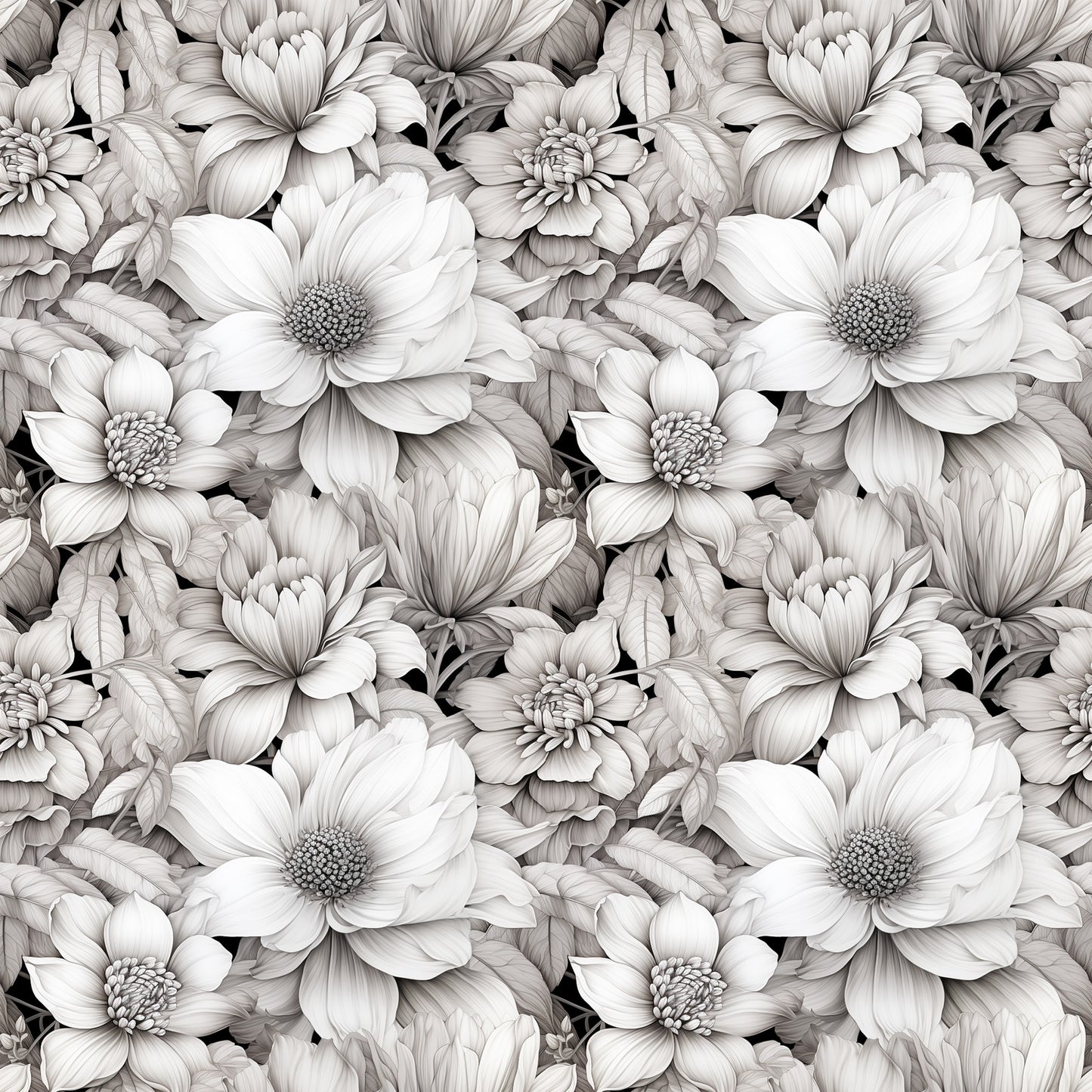 white flowers, monochrome floral, grayscale blooms, botanical pattern, seamless repeat, quilting cotton, fabric panel, detailed petals, layered florals, vintage style, elegant design, neutral tones, cotton fabric, floral motifs, artistic rendering, sophisticated pattern, nature inspired, delicate flowers, textile design