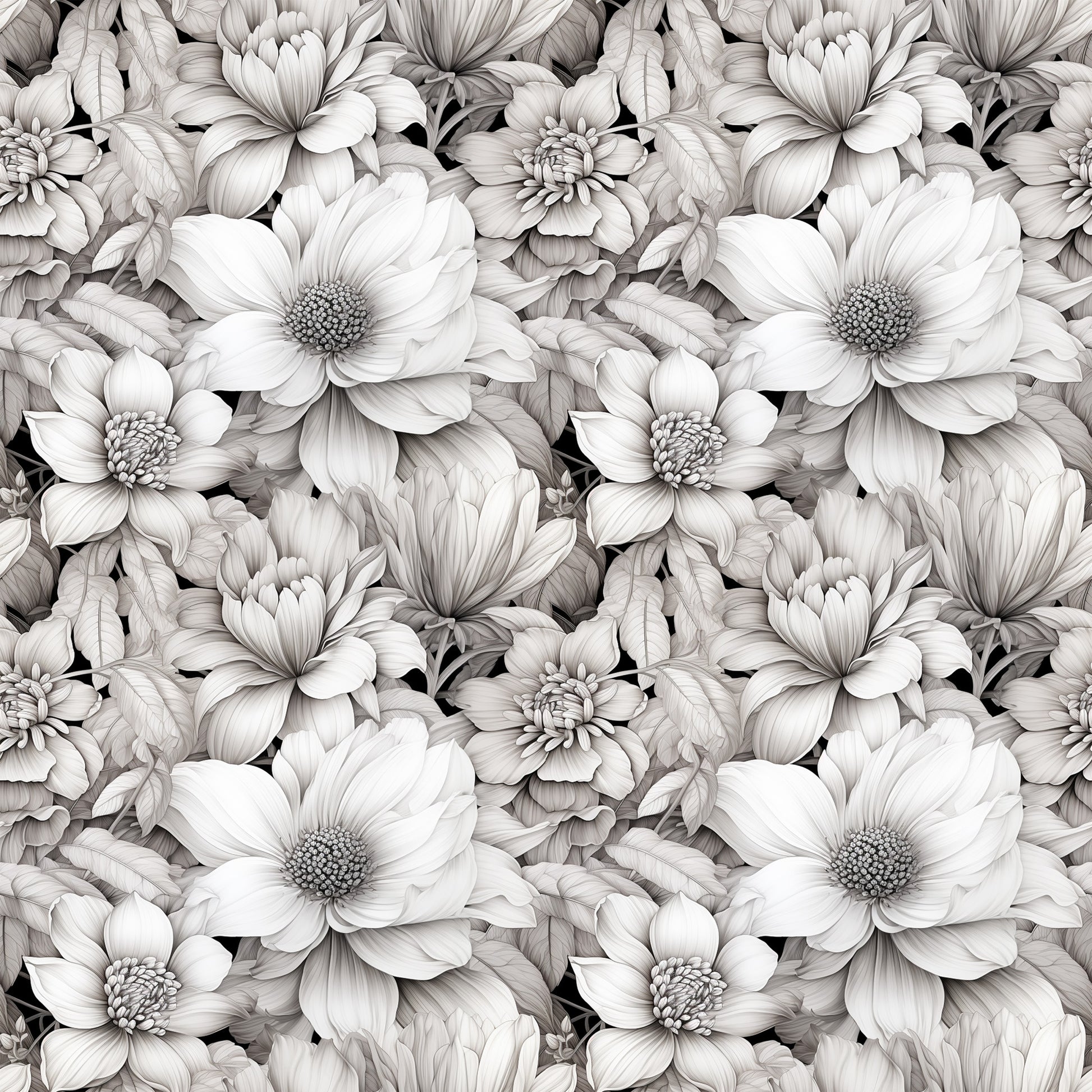 white flowers, monochrome floral, grayscale blooms, botanical pattern, seamless repeat, quilting cotton, fabric panel, detailed petals, layered florals, vintage style, elegant design, neutral tones, cotton fabric, floral motifs, artistic rendering, sophisticated pattern, nature inspired, delicate flowers, textile design