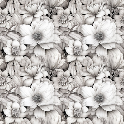 white flowers, monochrome floral, grayscale blooms, botanical pattern, seamless repeat, quilting cotton, fabric panel, detailed petals, layered florals, vintage style, elegant design, neutral tones, cotton fabric, floral motifs, artistic rendering, sophisticated pattern, nature inspired, delicate flowers, textile design