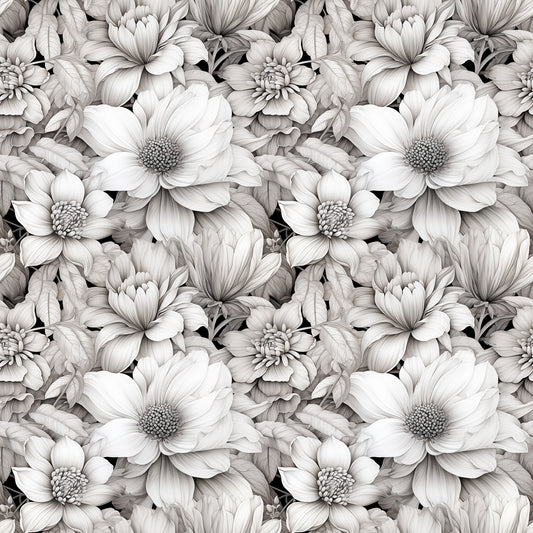 white flowers, monochrome floral, grayscale blooms, botanical pattern, seamless repeat, quilting cotton, fabric panel, detailed petals, layered florals, vintage style, elegant design, neutral tones, cotton fabric, floral motifs, artistic rendering, sophisticated pattern, nature inspired, delicate flowers, textile design