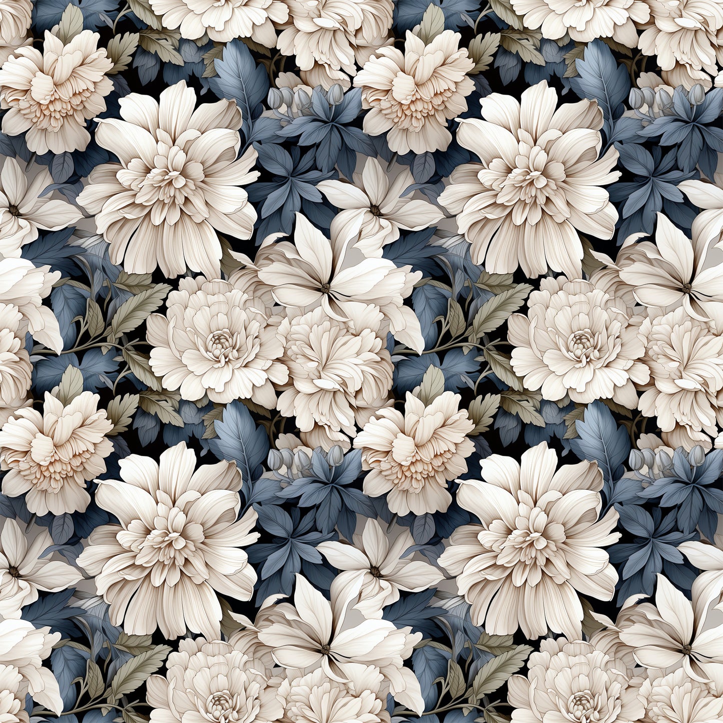 white flowers, cream blossoms, blue-gray leaves, dusty blue foliage, navy accents, floral pattern, botanical design, dahlias, peonies, layered petals, vintage style, muted tones, seamless repeat, quilting cotton, fabric panel, romantic mood, soft palette, detailed flowers, natural elements, textile design