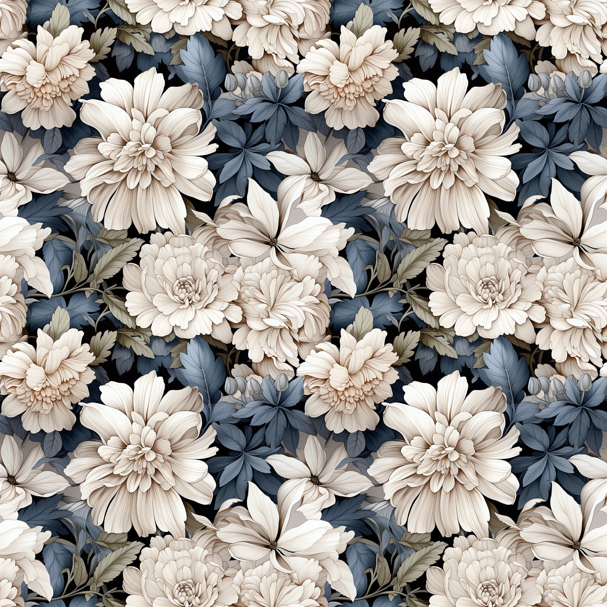 white flowers, cream blossoms, blue-gray leaves, dusty blue foliage, navy accents, floral pattern, botanical design, dahlias, peonies, layered petals, vintage style, muted tones, seamless repeat, quilting cotton, fabric panel, romantic mood, soft palette, detailed flowers, natural elements, textile design