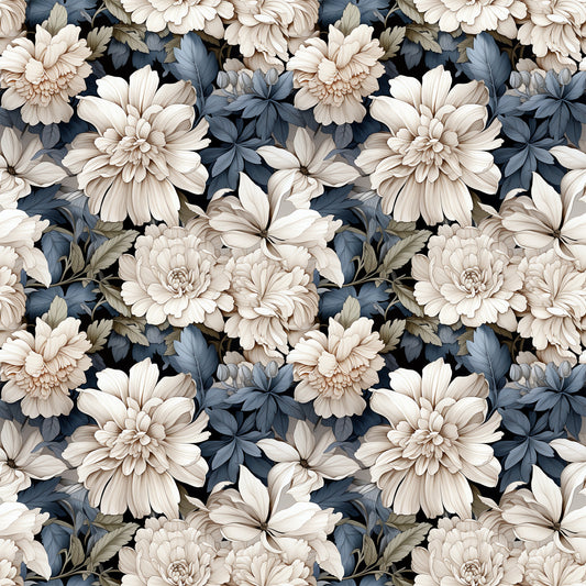 white flowers, cream blossoms, blue-gray leaves, dusty blue foliage, navy accents, floral pattern, botanical design, dahlias, peonies, layered petals, vintage style, muted tones, seamless repeat, quilting cotton, fabric panel, romantic mood, soft palette, detailed flowers, natural elements, textile design