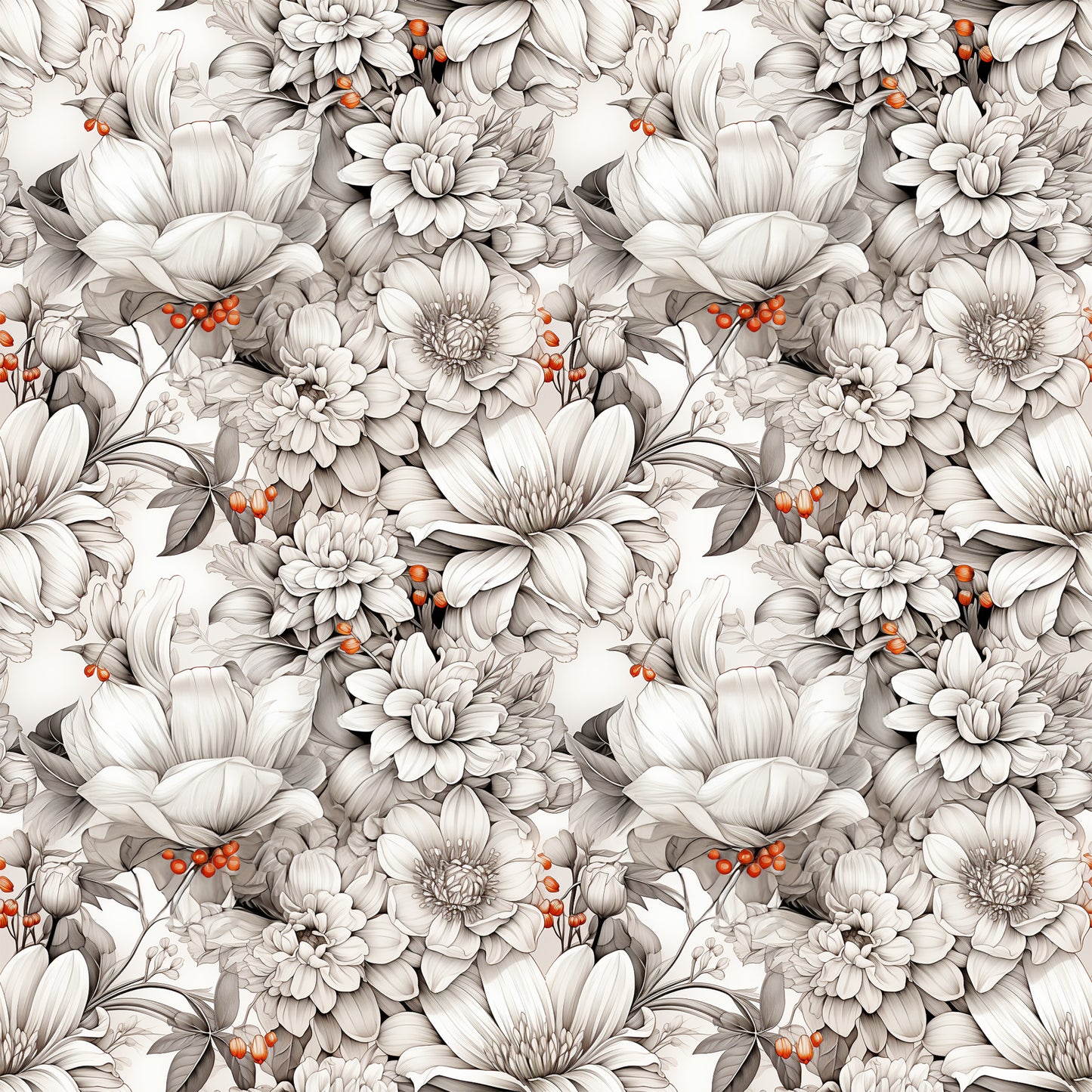 white flowers, cream petals, gray shading, orange berries, botanical pattern, floral design, seamless repeat, vintage style, monochromatic blooms, quilting cotton, fabric panel, detailed illustration, romantic florals, soft tones, nature motifs, repeating pattern, delicate flowers, muted colors, cotton fabric