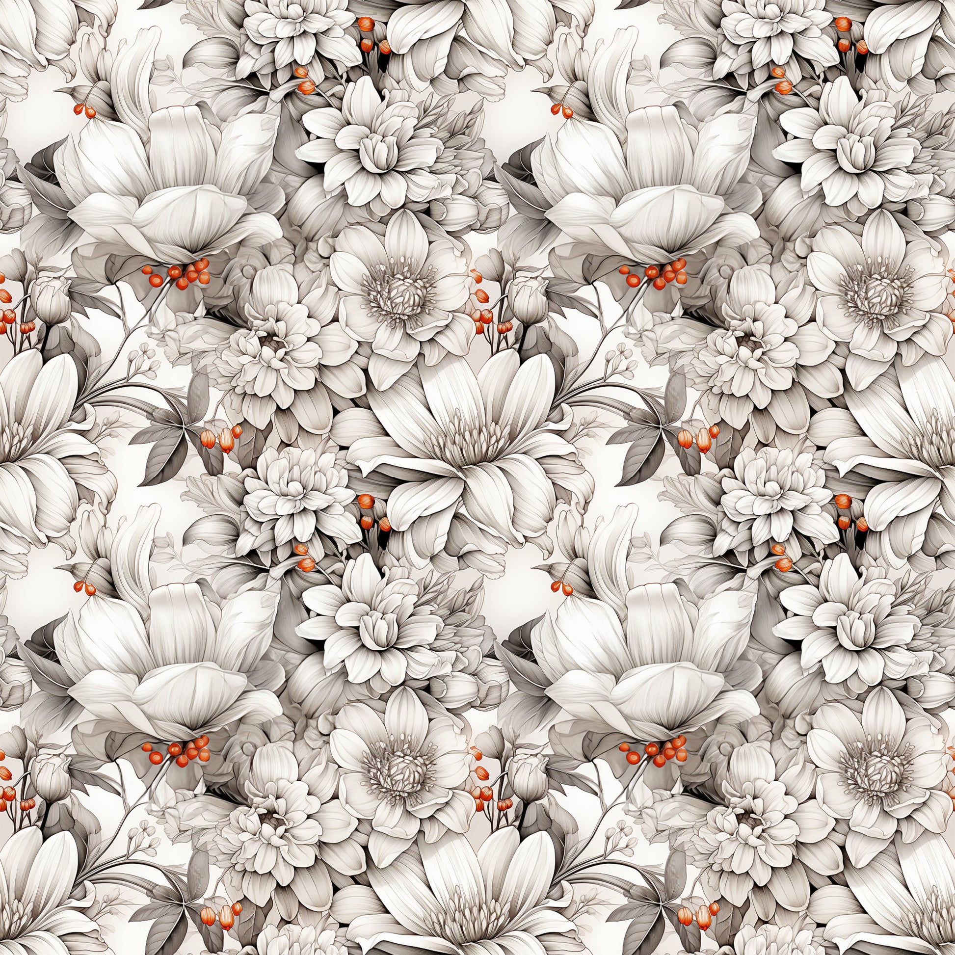 white flowers, cream petals, gray shading, orange berries, botanical pattern, floral design, seamless repeat, vintage style, monochromatic blooms, quilting cotton, fabric panel, detailed illustration, romantic florals, soft tones, nature motifs, repeating pattern, delicate flowers, muted colors, cotton fabric