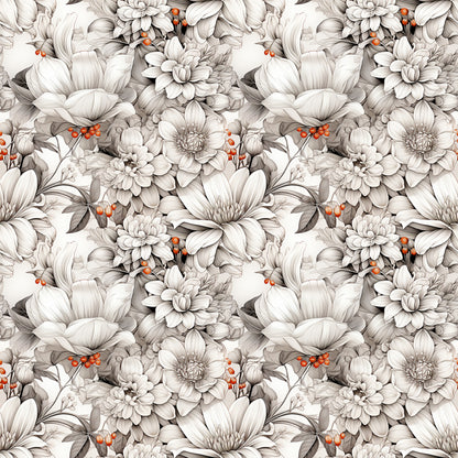 white flowers, cream petals, gray shading, orange berries, botanical pattern, floral design, seamless repeat, vintage style, monochromatic blooms, quilting cotton, fabric panel, detailed illustration, romantic florals, soft tones, nature motifs, repeating pattern, delicate flowers, muted colors, cotton fabric