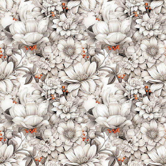 white flowers, cream petals, gray shading, orange berries, botanical pattern, floral design, seamless repeat, vintage style, monochromatic blooms, quilting cotton, fabric panel, detailed illustration, romantic florals, soft tones, nature motifs, repeating pattern, delicate flowers, muted colors, cotton fabric