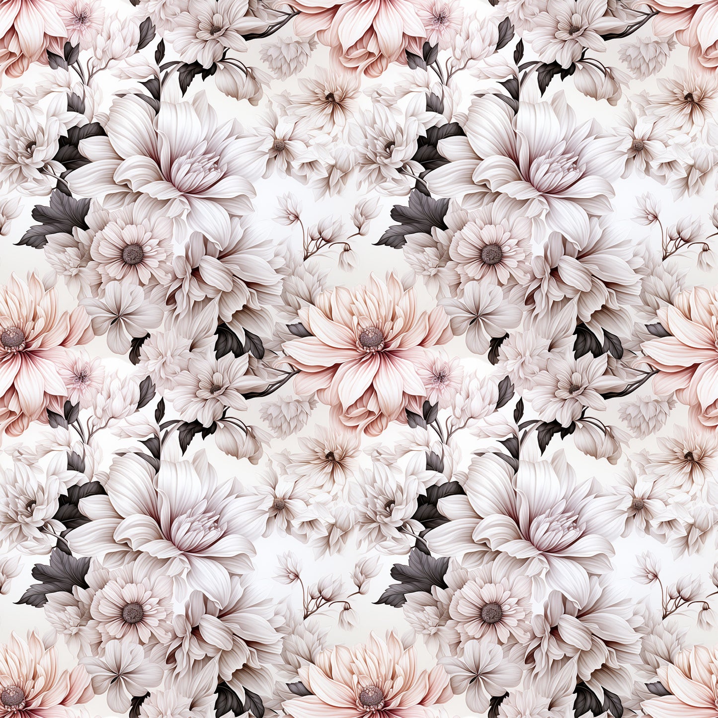 white flowers, blush pink, dusty rose, charcoal gray, floral pattern, botanical design, large blooms, petals, leaves, seamless repeat, quilting cotton, fabric panel, romantic mood, soft tones, elegant florals, vintage style, muted colors, garden flowers, textile design, crafting fabric