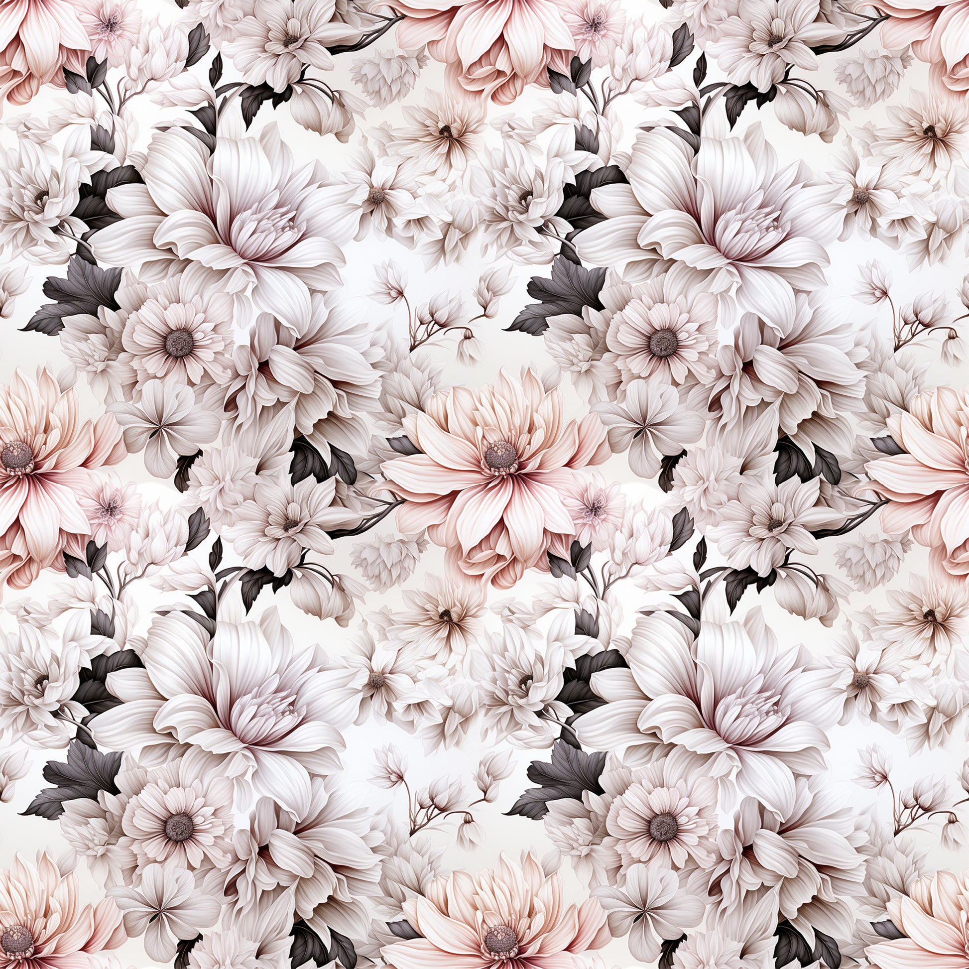white flowers, blush pink, dusty rose, charcoal gray, floral pattern, botanical design, large blooms, petals, leaves, seamless repeat, quilting cotton, fabric panel, romantic mood, soft tones, elegant florals, vintage style, muted colors, garden flowers, textile design, crafting fabric