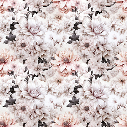 white flowers, blush pink, dusty rose, charcoal gray, floral pattern, botanical design, large blooms, petals, leaves, seamless repeat, quilting cotton, fabric panel, romantic mood, soft tones, elegant florals, vintage style, muted colors, garden flowers, textile design, crafting fabric
