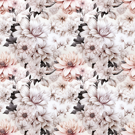 white flowers, blush pink, dusty rose, charcoal gray, floral pattern, botanical design, large blooms, petals, leaves, seamless repeat, quilting cotton, fabric panel, romantic mood, soft tones, elegant florals, vintage style, muted colors, garden flowers, textile design, crafting fabric