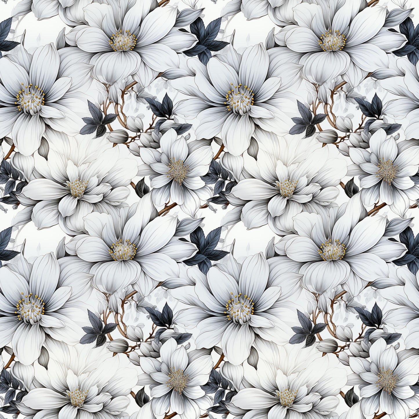 white flowers, gray petals, yellow centers, dark leaves, brown stems, floral pattern, botanical design, repeating motif, quilting cotton, fabric panel, delicate blooms, nature inspired, soft tones, monochromatic palette, elegant florals, seamless repeat, vintage style, romantic mood, cotton fabric, crafting material