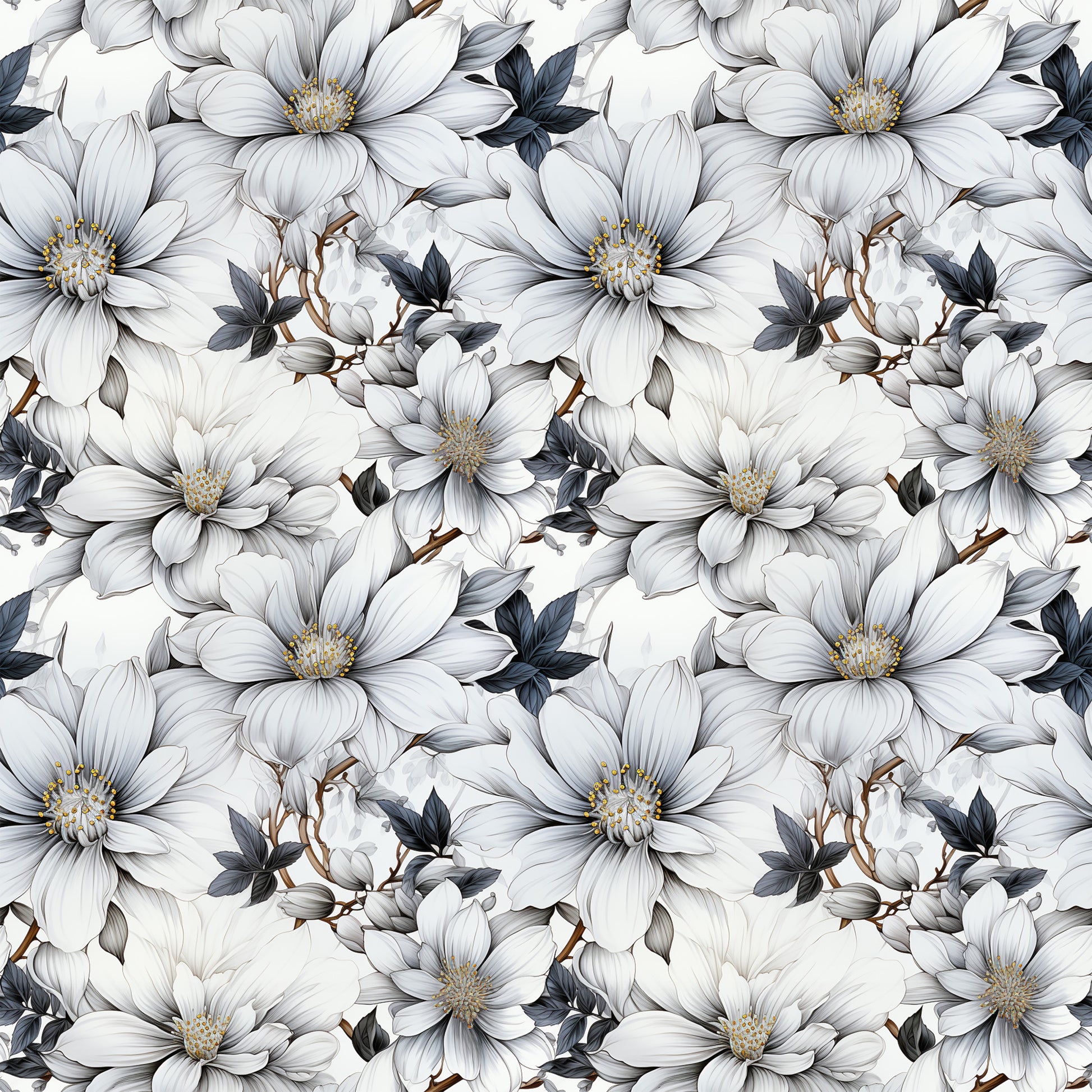 white flowers, gray petals, yellow centers, dark leaves, brown stems, floral pattern, botanical design, repeating motif, quilting cotton, fabric panel, delicate blooms, nature inspired, soft tones, monochromatic palette, elegant florals, seamless repeat, vintage style, romantic mood, cotton fabric, crafting material