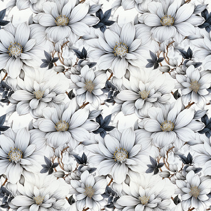 white flowers, gray petals, yellow centers, dark leaves, brown stems, floral pattern, botanical design, repeating motif, quilting cotton, fabric panel, delicate blooms, nature inspired, soft tones, monochromatic palette, elegant florals, seamless repeat, vintage style, romantic mood, cotton fabric, crafting material
