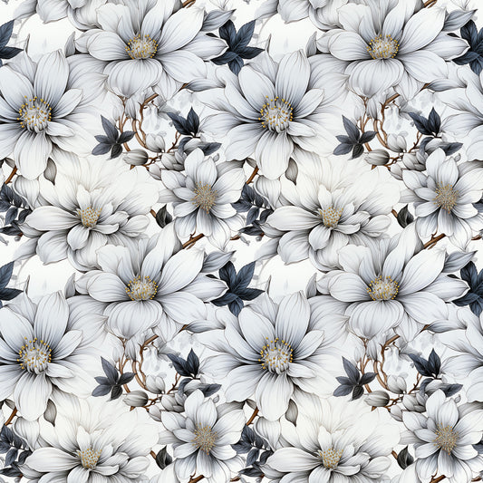white flowers, gray petals, yellow centers, dark leaves, brown stems, floral pattern, botanical design, repeating motif, quilting cotton, fabric panel, delicate blooms, nature inspired, soft tones, monochromatic palette, elegant florals, seamless repeat, vintage style, romantic mood, cotton fabric, crafting material