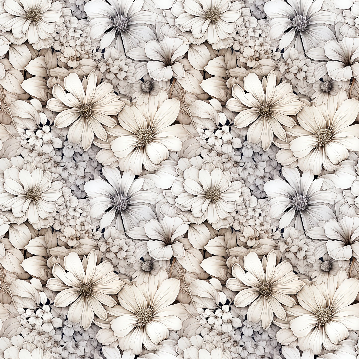 white flowers, cream petals, beige tones, neutral palette, floral pattern, botanical design, daisy-like blooms, cosmos flowers, clustered blossoms, vintage style, soft shading, quilting cotton, fabric panel, seamless repeat, delicate petals, flower centers, monochromatic florals, textile design, crafting material