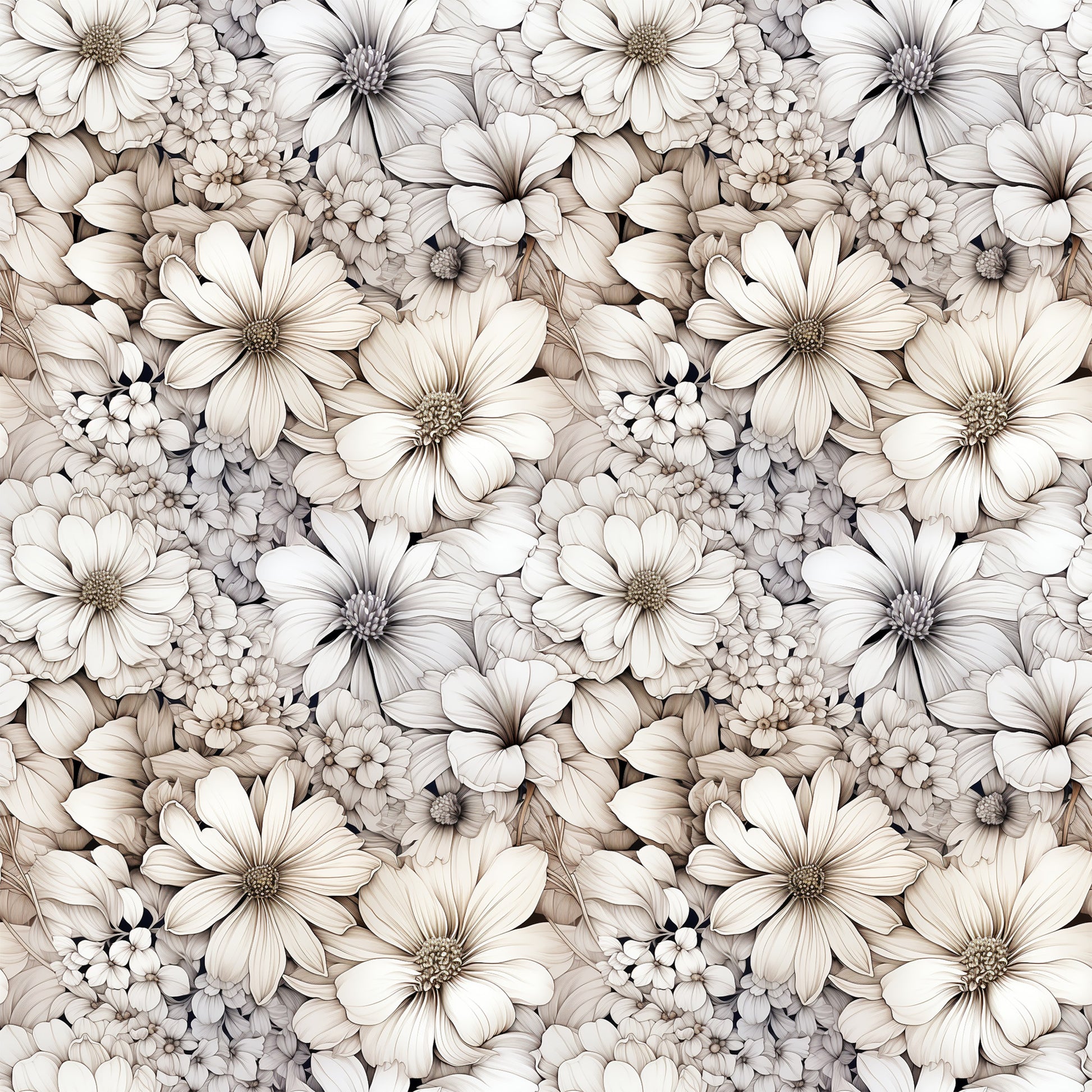 white flowers, cream petals, beige tones, neutral palette, floral pattern, botanical design, daisy-like blooms, cosmos flowers, clustered blossoms, vintage style, soft shading, quilting cotton, fabric panel, seamless repeat, delicate petals, flower centers, monochromatic florals, textile design, crafting material
