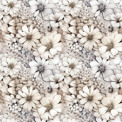 white flowers, cream petals, beige tones, neutral palette, floral pattern, botanical design, daisy-like blooms, cosmos flowers, clustered blossoms, vintage style, soft shading, quilting cotton, fabric panel, seamless repeat, delicate petals, flower centers, monochromatic florals, textile design, crafting material