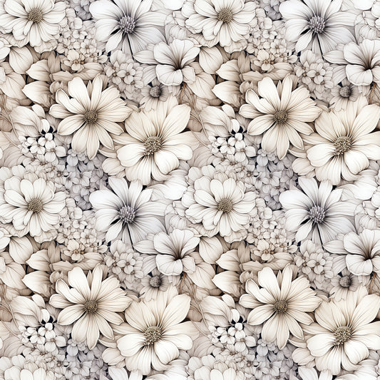 white flowers, cream petals, beige tones, neutral palette, floral pattern, botanical design, daisy-like blooms, cosmos flowers, clustered blossoms, vintage style, soft shading, quilting cotton, fabric panel, seamless repeat, delicate petals, flower centers, monochromatic florals, textile design, crafting material