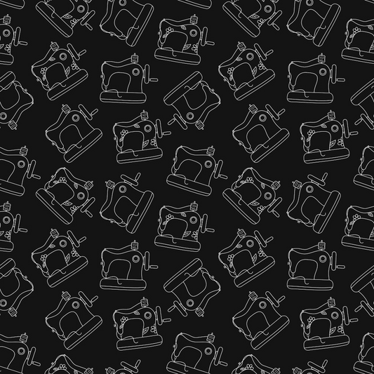 White on Black Vintage Sewing Machines Quilting Cotton Fabric