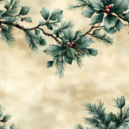 winter greenery, holly leaves, red berries, pine needles, evergreen branches, botanical illustration, sage green, cream background, beige tones, burgundy accents, watercolor style, nature motifs, christmas foliage, quilting cotton, fabric panel, seasonal design, organic patterns, winter botanicals, holiday elements