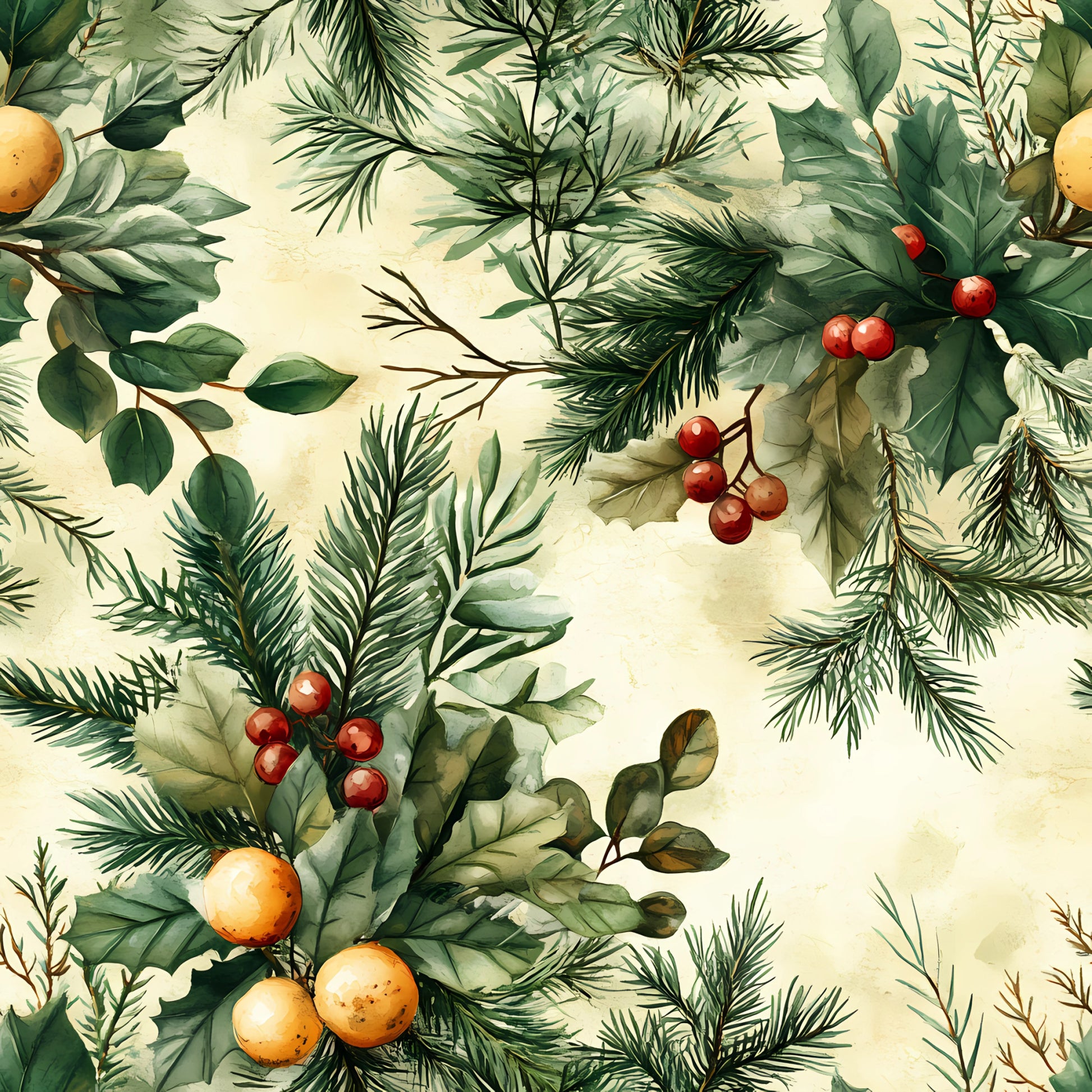 forest green, cream background, red berries, orange fruits, pine branches, holly leaves, evergreen needles, botanical pattern, winter foliage, watercolor style, nature motif, quilting cotton, fabric panel, seasonal greenery, mixed botanicals, soft muted tones, organic arrangement, winter plants, natural elements, repeating pattern
